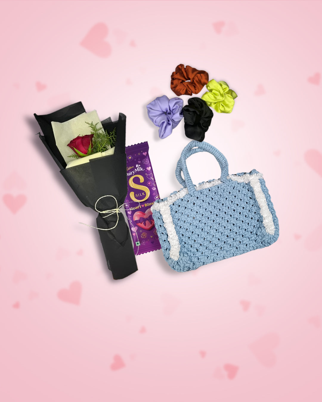 Women's Day Gift : Blue Crochet Bag + Rose, Chocolate & Scrunchies