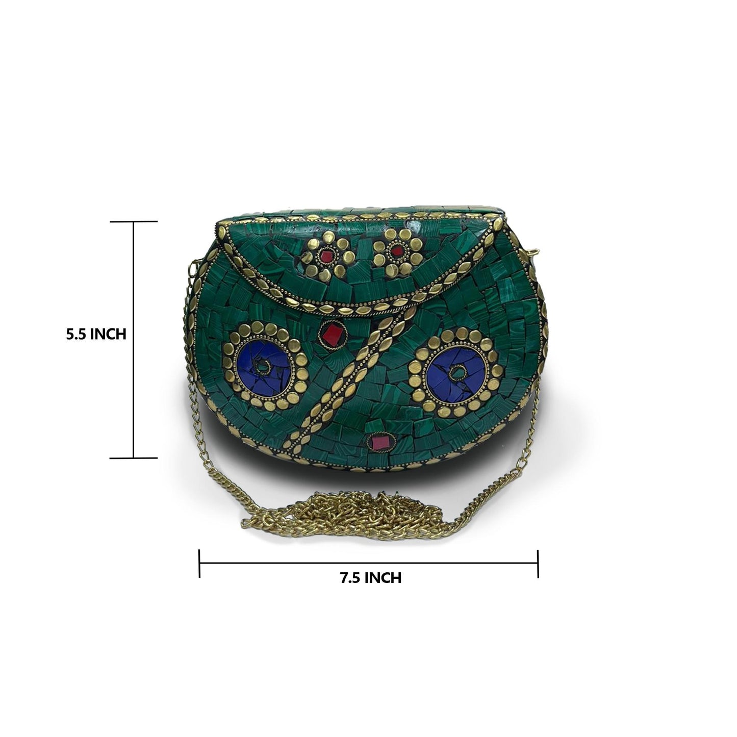 Ethnic Handmade Metal Green Stone Clutch Bag for Women