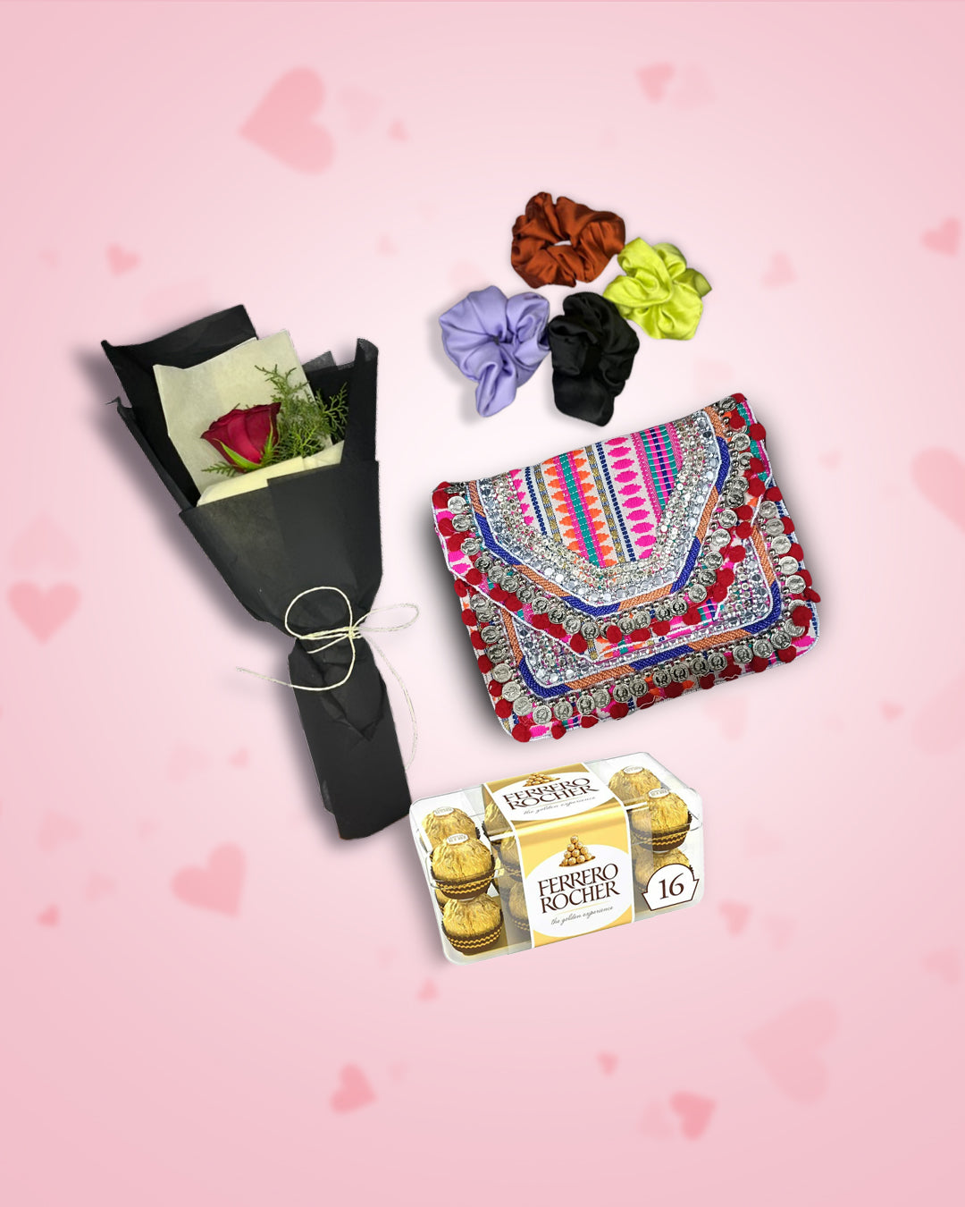 Women’s Day gift : Pink Perfection Boho Bag + Rose, Chocolate & Scrunchies