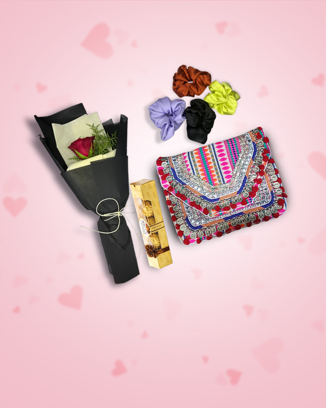 Women’s Day gift : Pink Perfection Boho Bag + Rose, Chocolate & Scrunchies