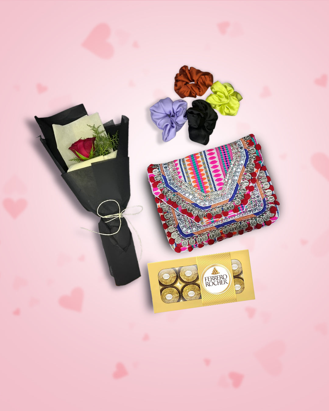 Women’s Day gift : Pink Perfection Boho Bag + Rose, Chocolate & Scrunchies