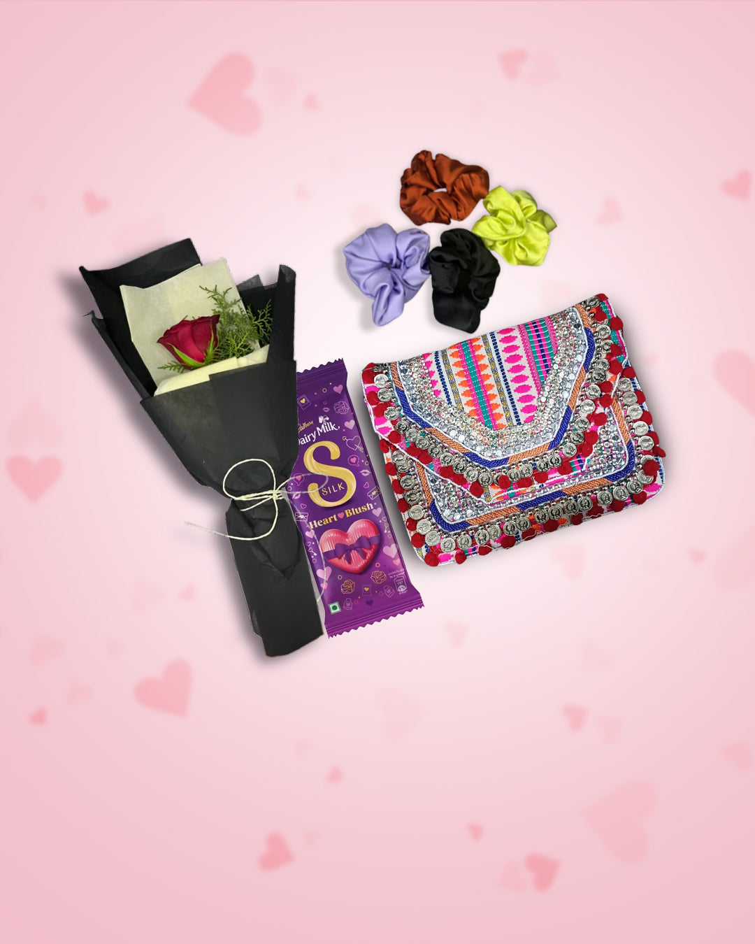 Women’s Day gift : Pink Perfection Boho Bag + Rose, Chocolate & Scrunchies