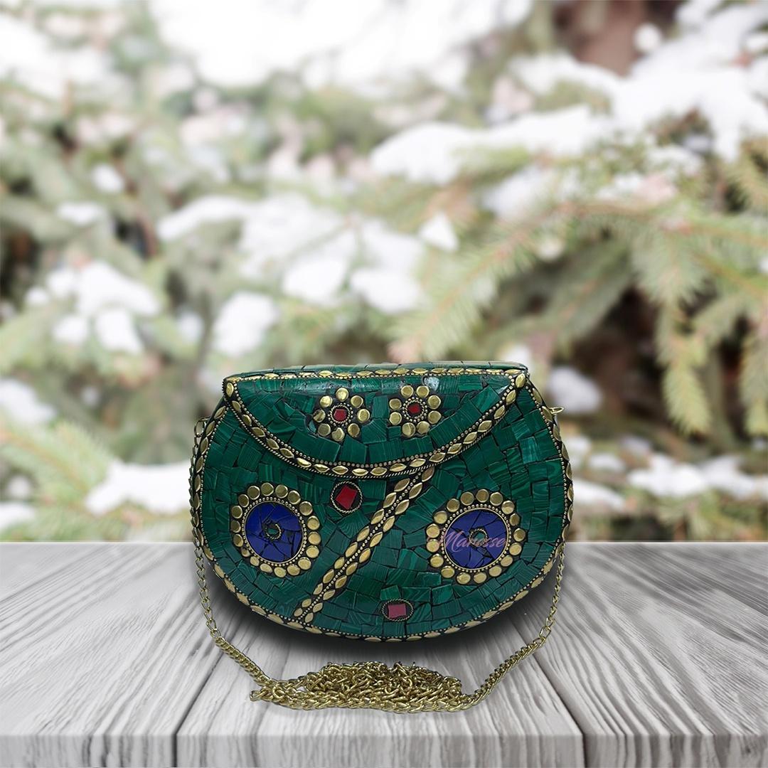 Ethnic Handmade Metal Green Stone Clutch Bag for Women