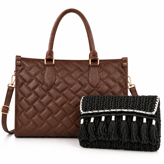 Maresse Brown Woven Tote + Free Macrame Black Tassel Sling Combo for Women