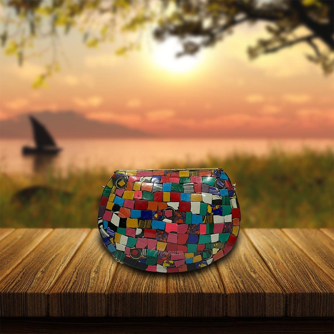 Ethnic Handmade Metal Multicolor Stone Clutch Bag