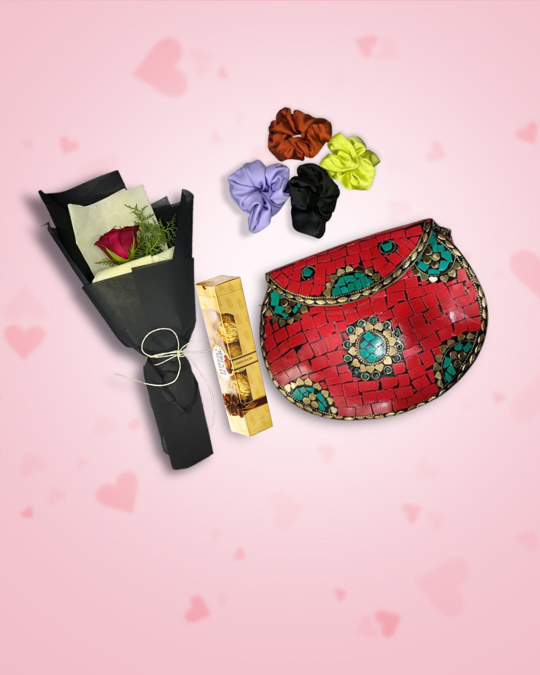 Women's Day Gift : Red Metal Clutch + Rose, Chocolate & Scrunchies