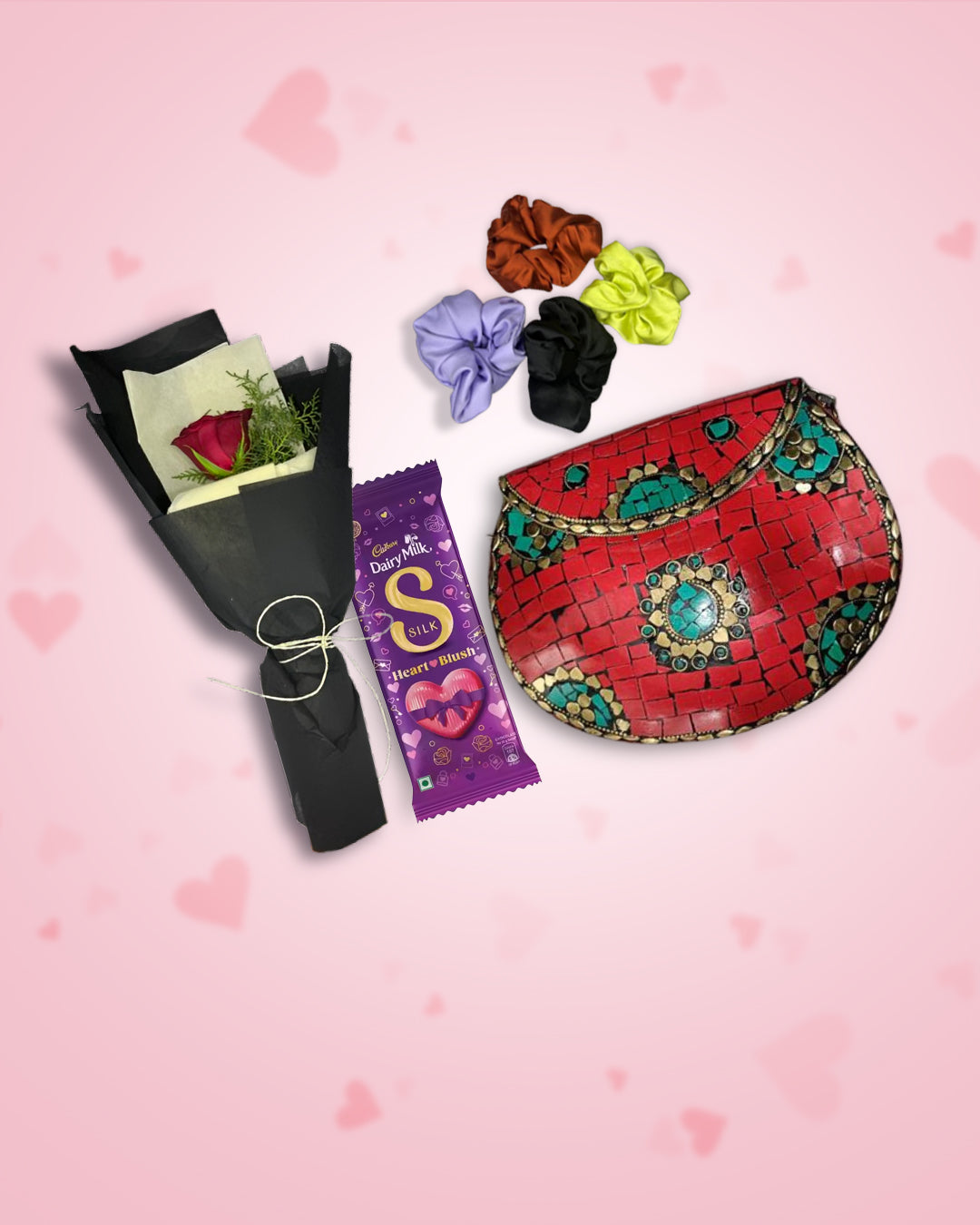 Women's Day Gift : Red Metal Clutch + Rose, Chocolate & Scrunchies