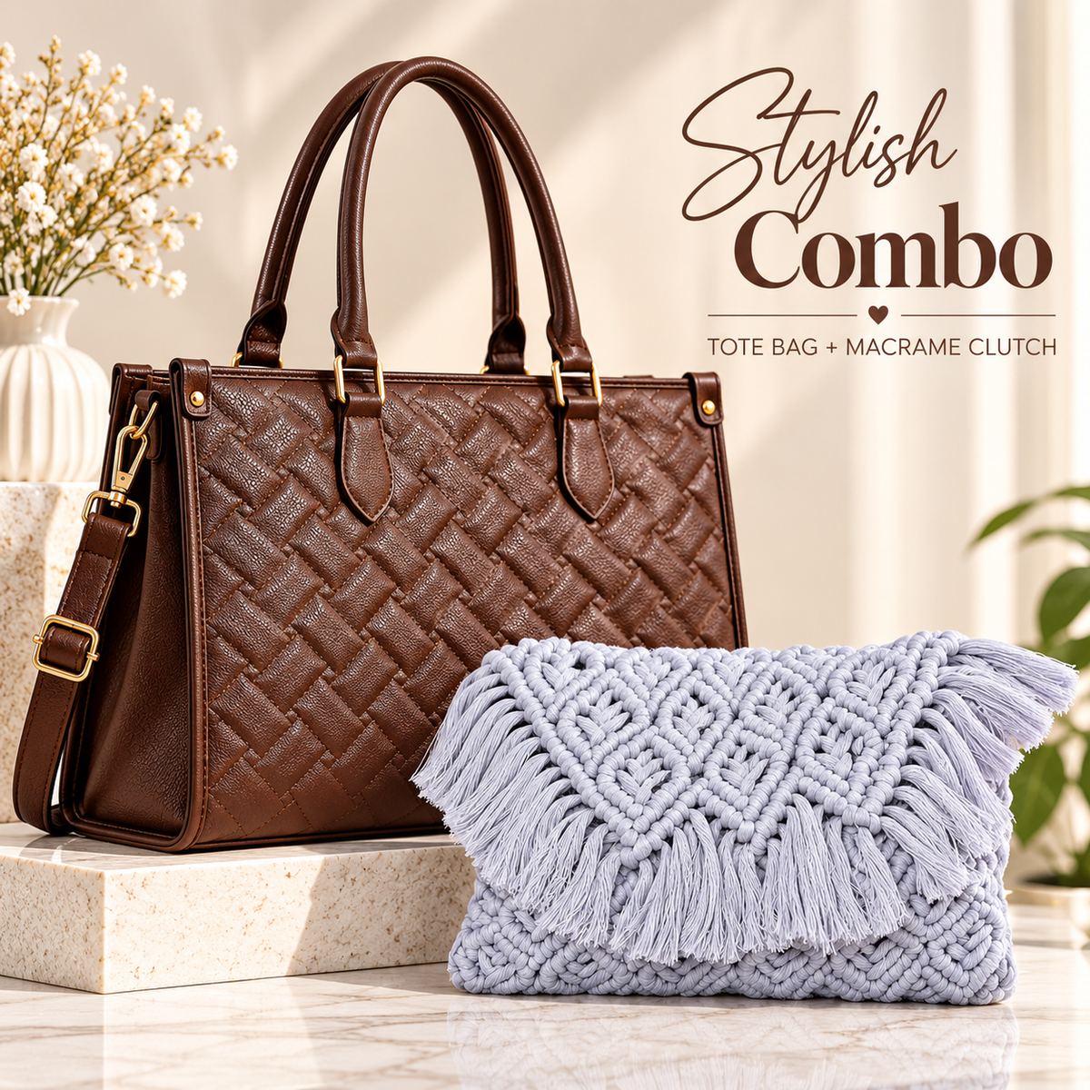 Maresse Stylish Tote Bag + Free Macramé Clutch Combo for Women