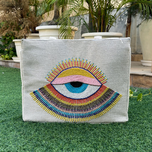 Maresse Evil Eye Tote Bag for Women – Handmade Jute Shoulder Bag for Travel, Beach, Festivals, Summer, Boho Chic Handcrafted Statement Accessory