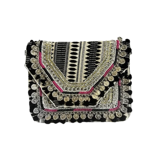 Women Ethnic Embellished Handmade Boho Bag (Midnight Black)