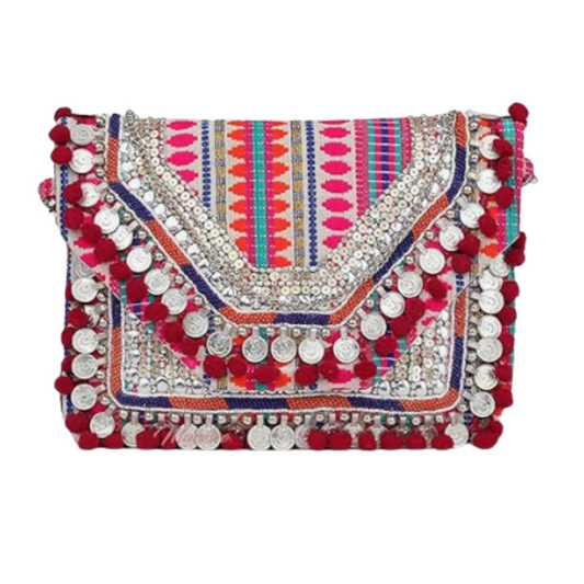Women Ethnic Embellished Handmade Designer Boho Bag (Pink Perfection)