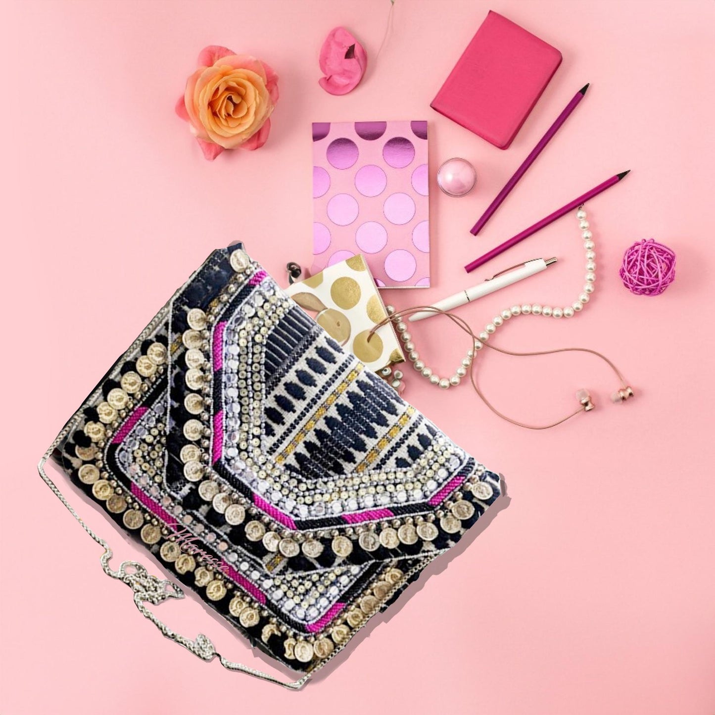 Women Ethnic Embellished Handmade Boho Bag (Midnight Black)