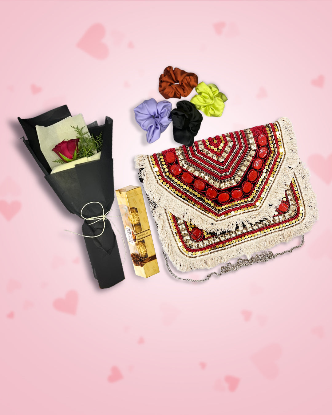 Women's Day Gift : Red Boho Bag + Rose, Chocolate & Scrunchies