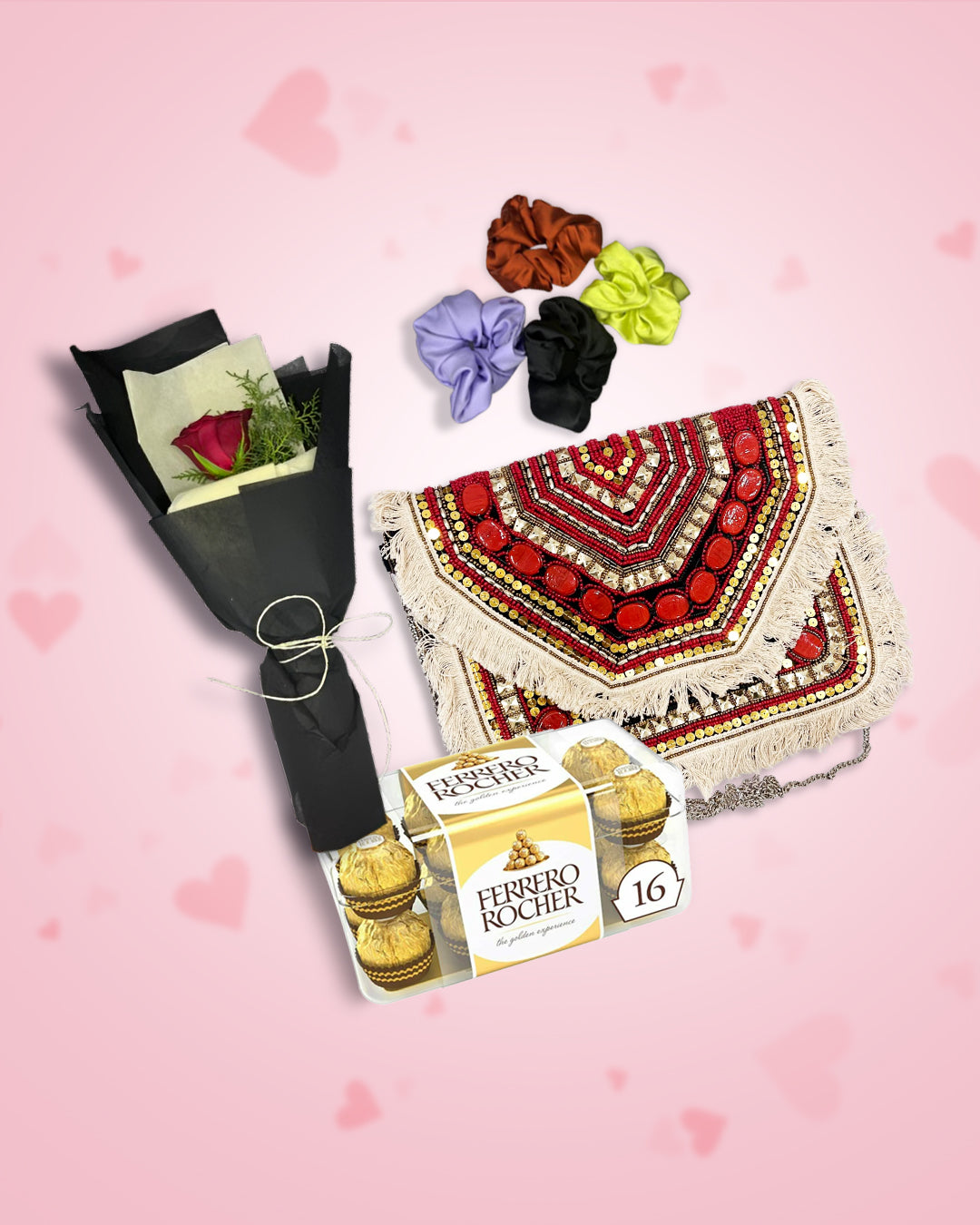 Women's Day Gift : Red Boho Bag + Rose, Chocolate & Scrunchies