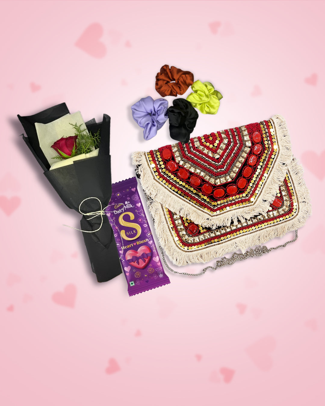 Women's Day Gift : Red Boho Bag + Rose, Chocolate & Scrunchies