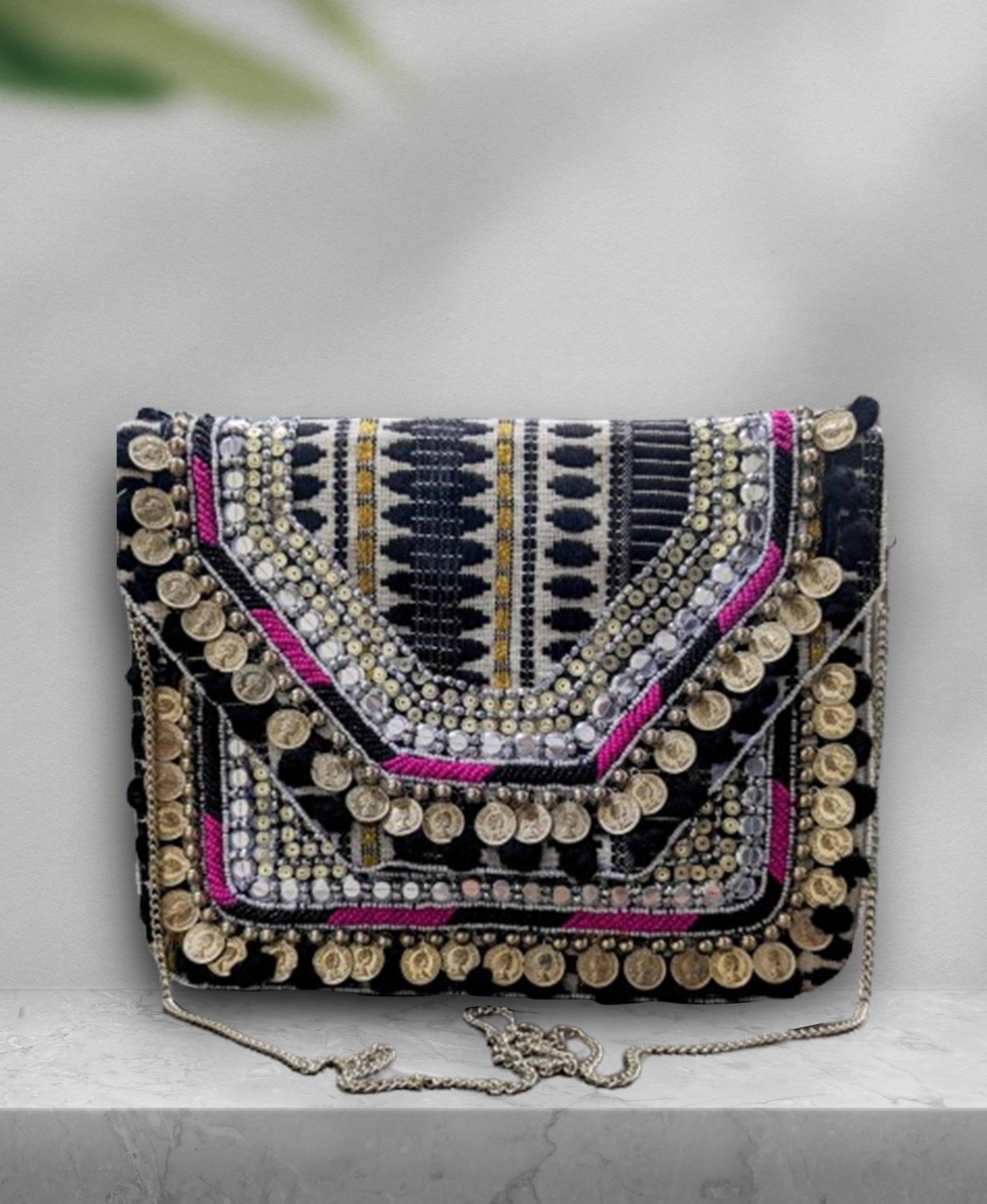 Women Ethnic Embellished Handmade Boho Bag (Midnight Black)