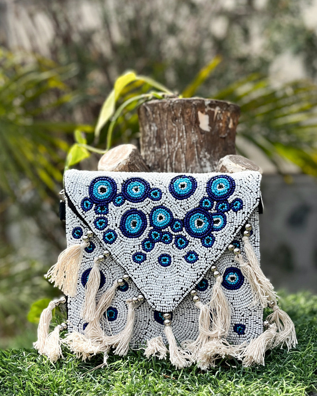 Handcrafted White & Blue Banjara Boho Bag for Women