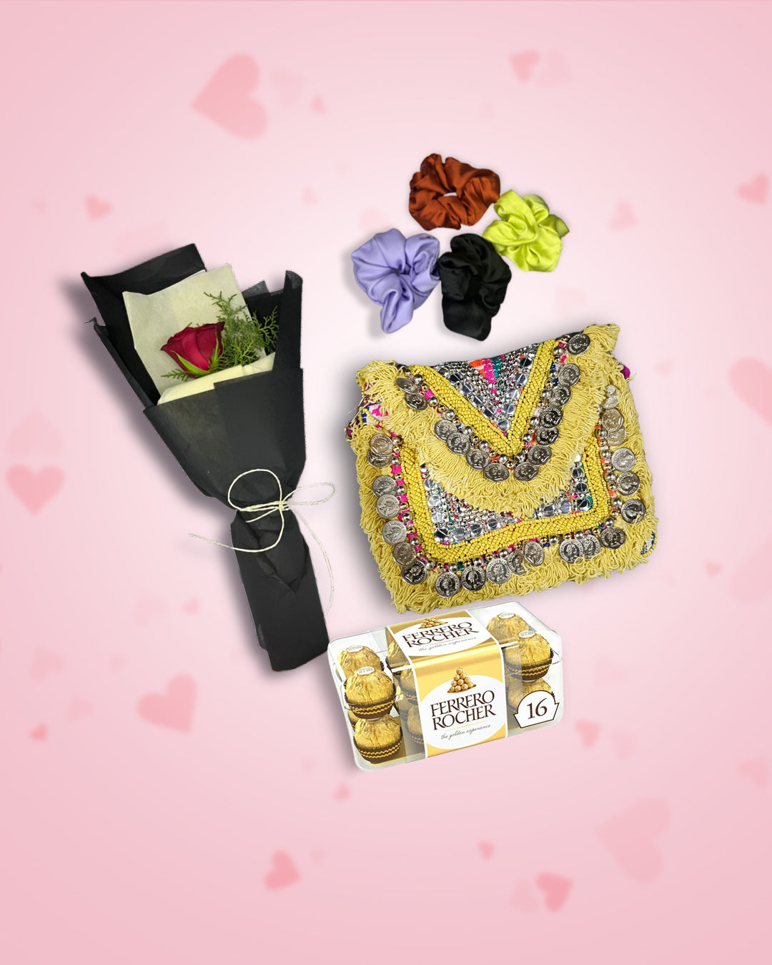 Women's Day Gift : Yellow Boho Bag + Rose, Chocolate & Scrunchies