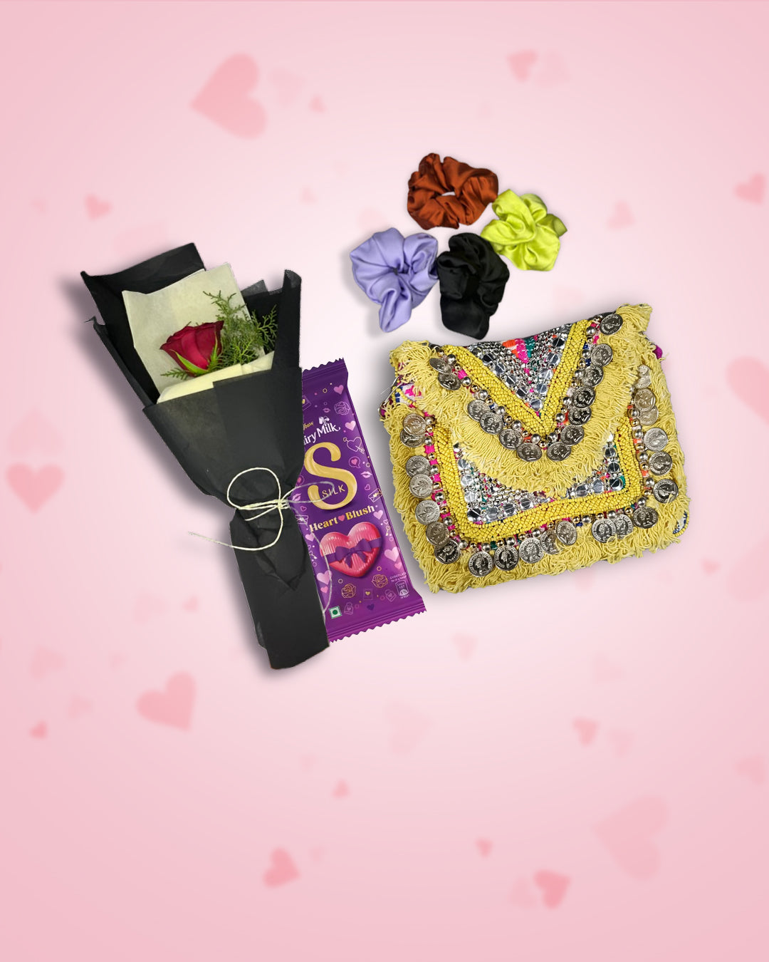 Women's Day Gift : Yellow Boho Bag + Rose, Chocolate & Scrunchies