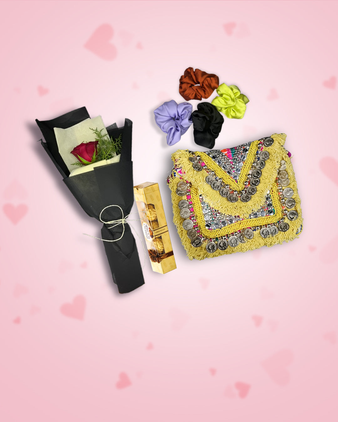 Women's Day Gift : Yellow Boho Bag + Rose, Chocolate & Scrunchies