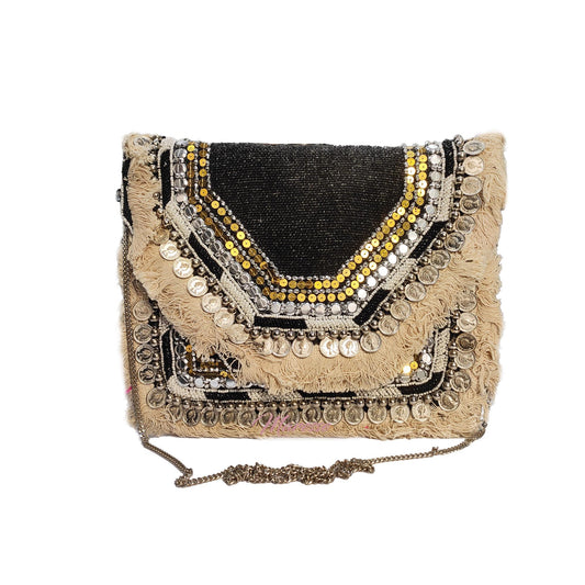 Women Ethnic Designer Boho Bag  (Black & White Bliss)