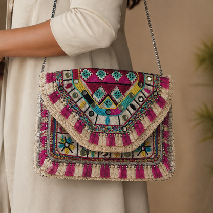 Women Ethnic Embellished Handmade Designer Boho Bag (Wildflower Dreams)