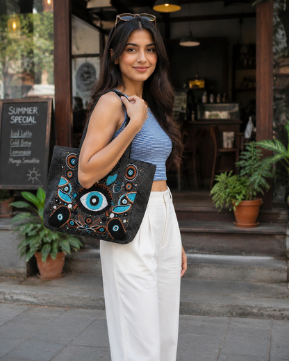 Bohemian Evil Eye Brown Tote Bag for Women (Elysian)