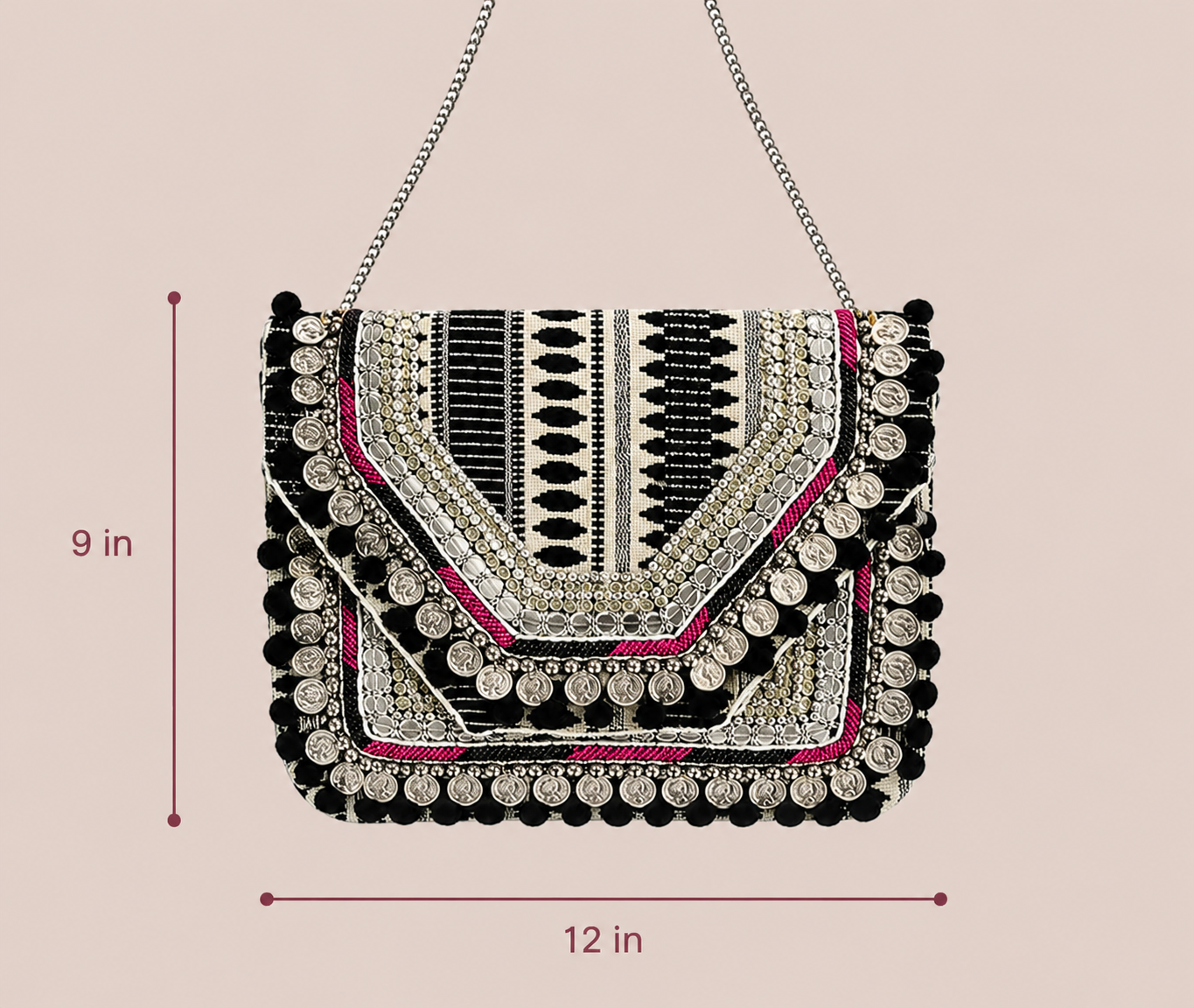 Women Ethnic Embellished Handmade Boho Bag (Midnight Black)