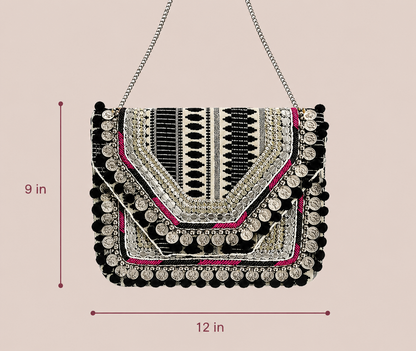 Women Ethnic Embellished Handmade Boho Bag (Midnight Black)