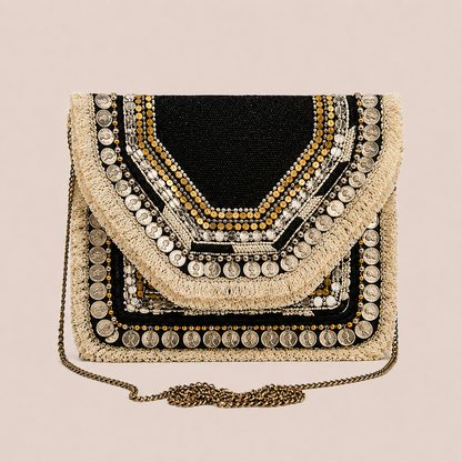 Women Ethnic Designer Boho Bag  (Black & White Bliss)