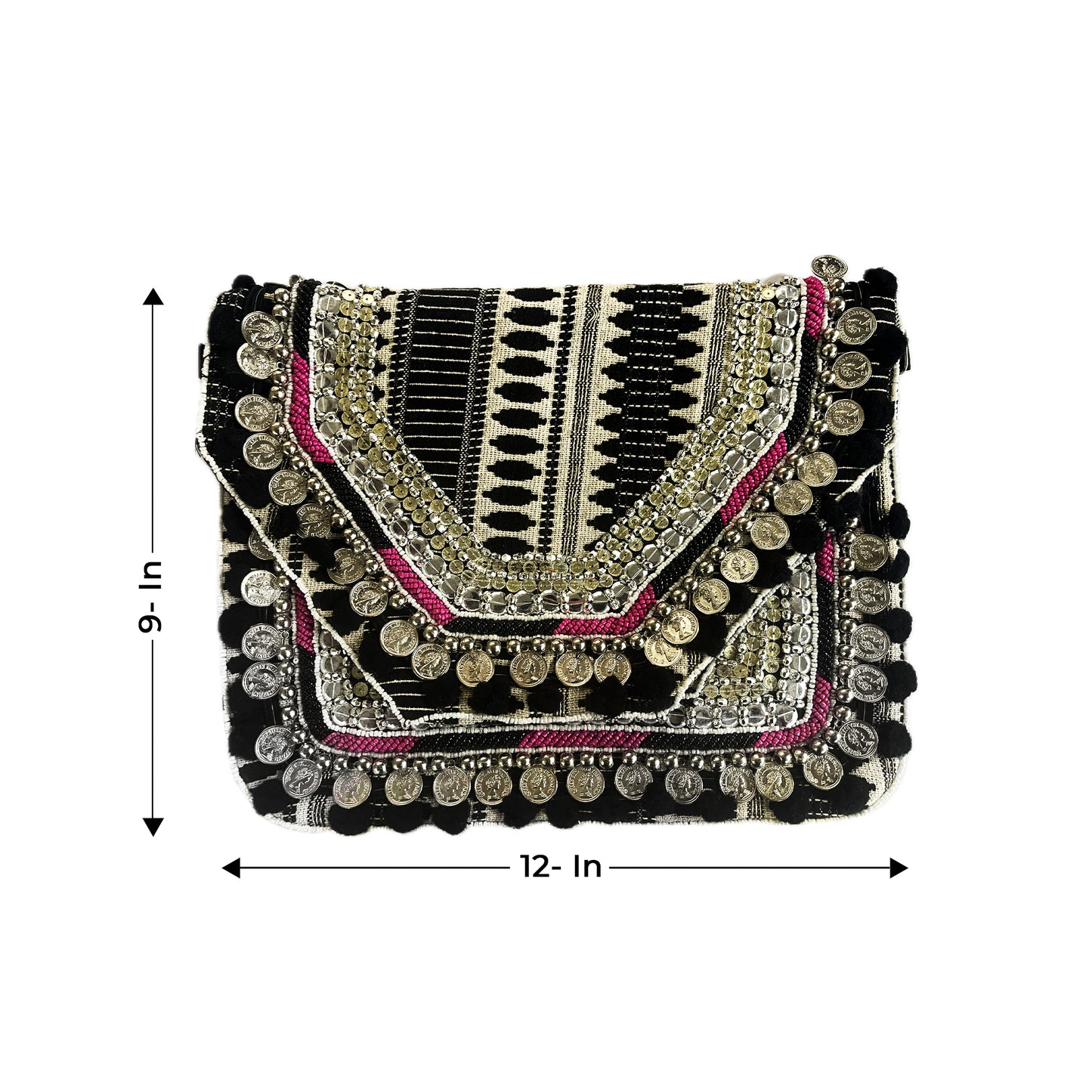 Women Ethnic Embellished Handmade Boho Bag (Midnight Black)