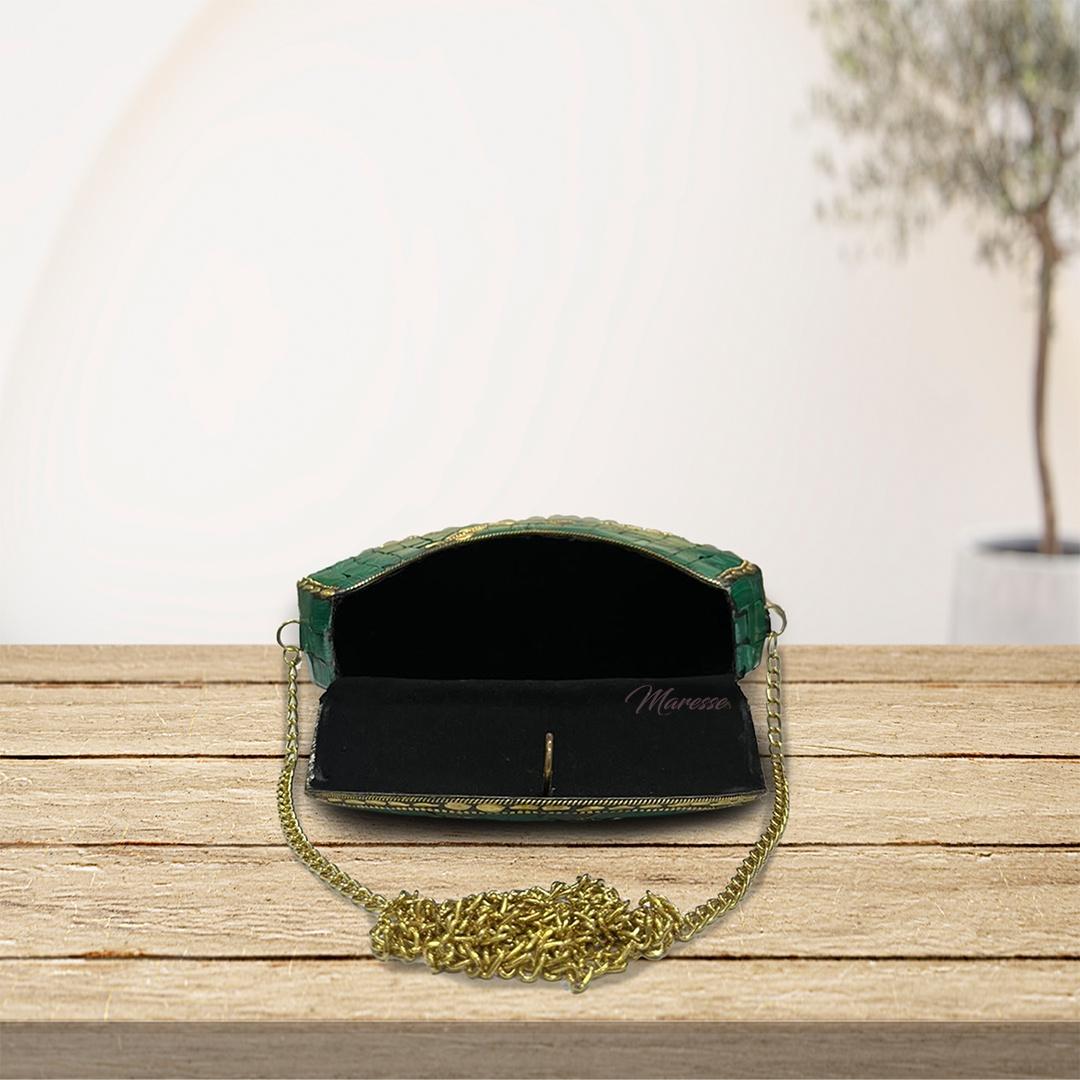 Ethnic Handmade Metal Green Stone Clutch Bag for Women