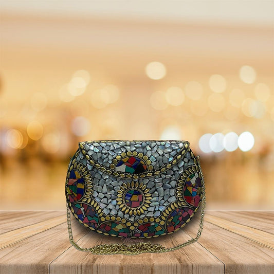 Ethnic Handmade Metal Multicolor Stone Clutch Bag