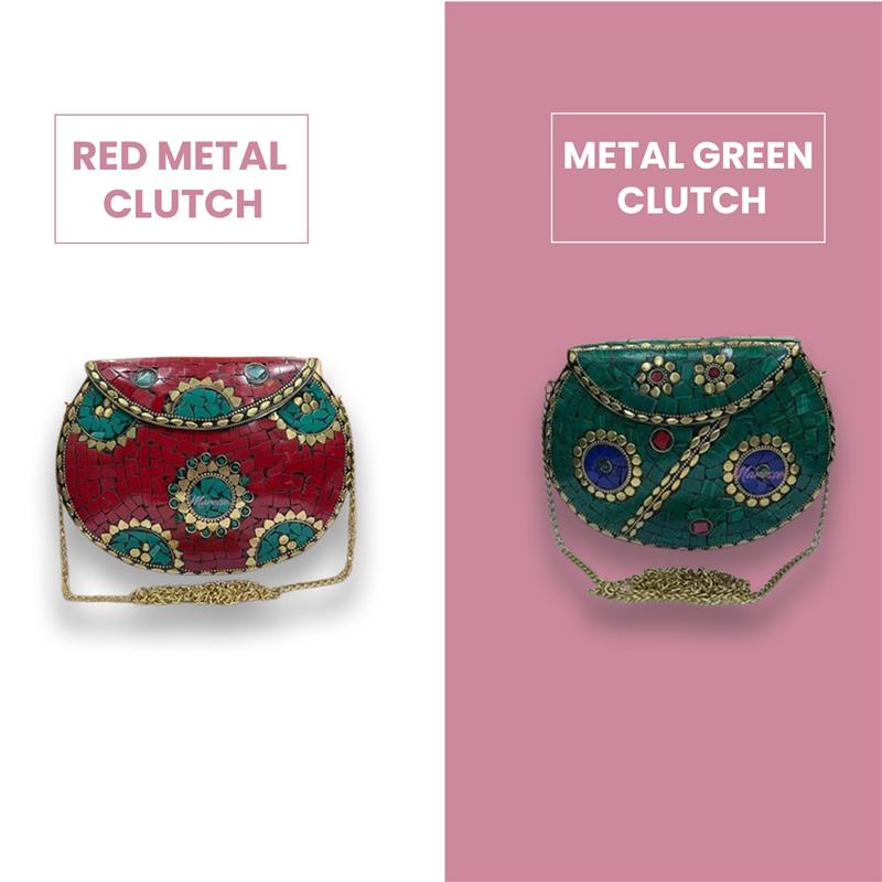 Combo 1 - Ethnic Handmade Red & Green Stone Metal Clutches for Women