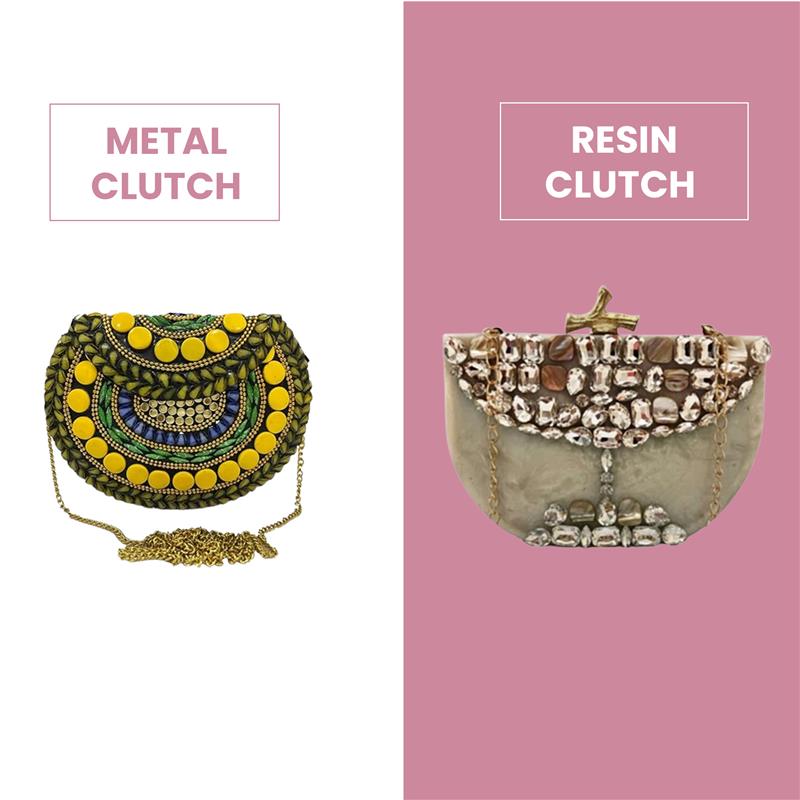 Combo 2 - Handcrafted Antique Metal & Resin Stone Clutches for Women