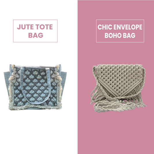 Combo 14 : Jute Tote Bag & Chic Envelope Boho Bag