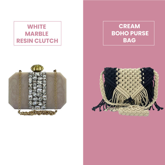 Combo 13 : Cream Boho Purse Bag & White Marble Resin Clutch