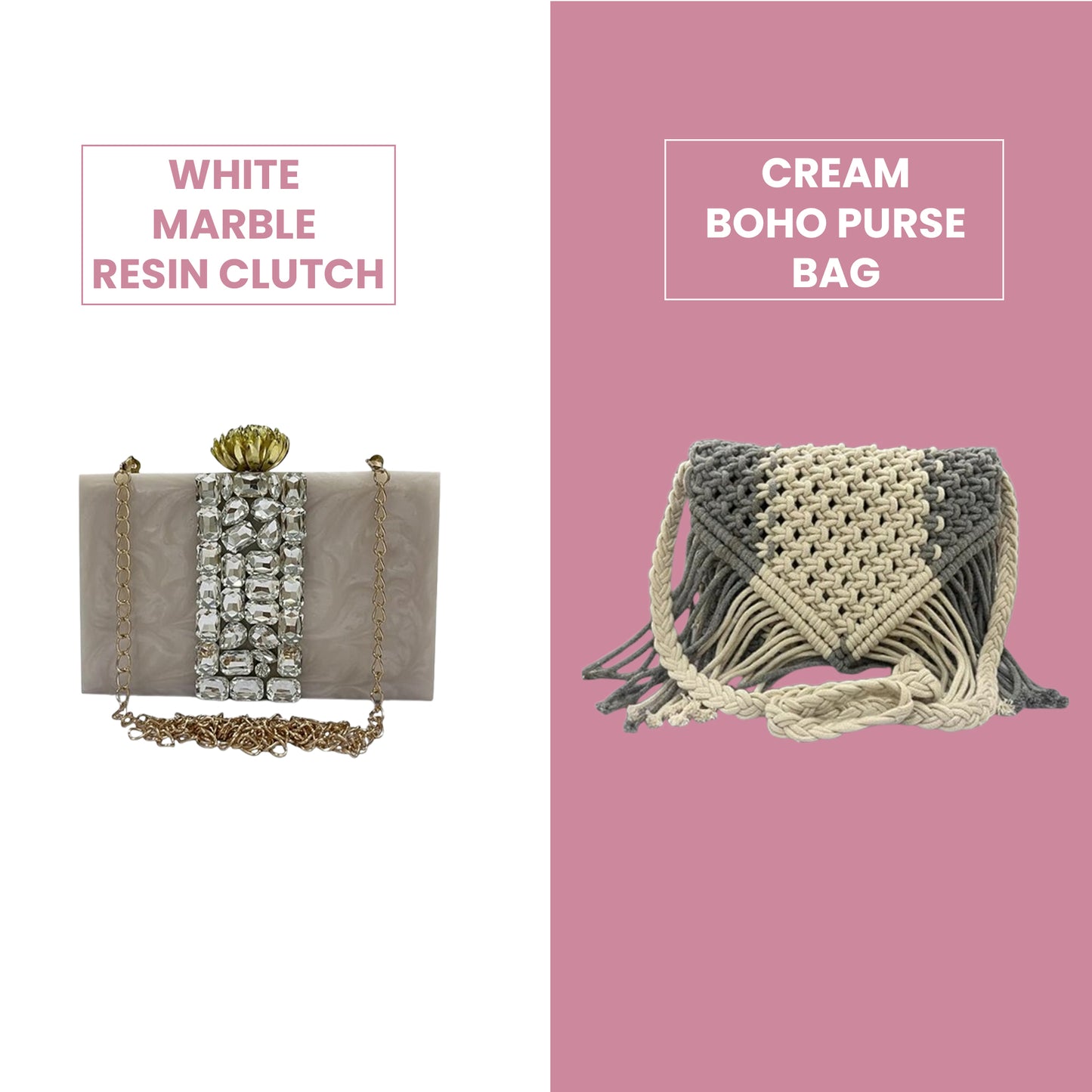 Combo 12: White Marble Resin Clutch & Cream Boho Purse Bag