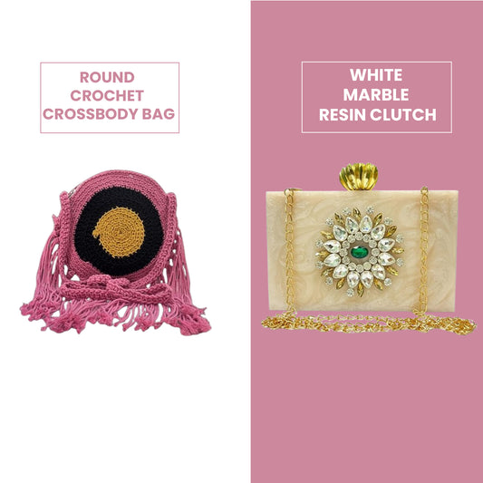 Combo 11: Round Crochet Crossbody Bag & White Marble Resin Clutch