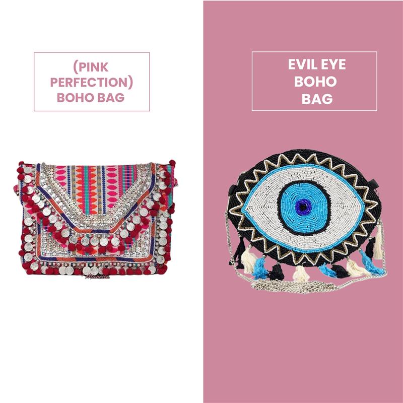 Combo 5- Ethnic Handmade Boho Bag (Pink Perfection) & Blue Evil Eye Purse