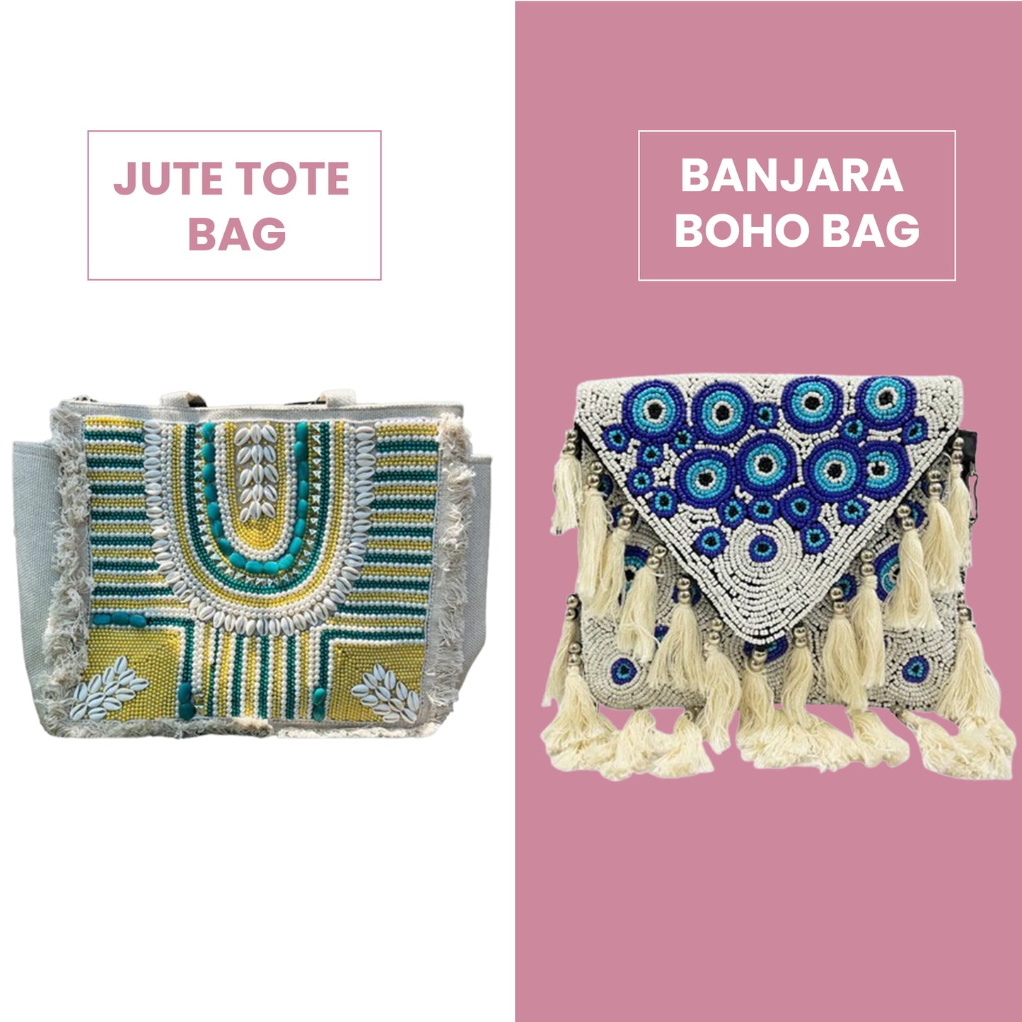 Combo 6- Yellow & Green Bohemian Jute Tote & White & Blue Boho Bag