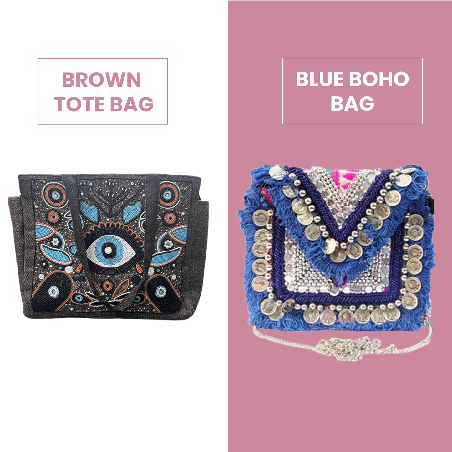 Combo 7- Ethnic Embroidered Blue Boho Bag & Evil Eye Brown Tote