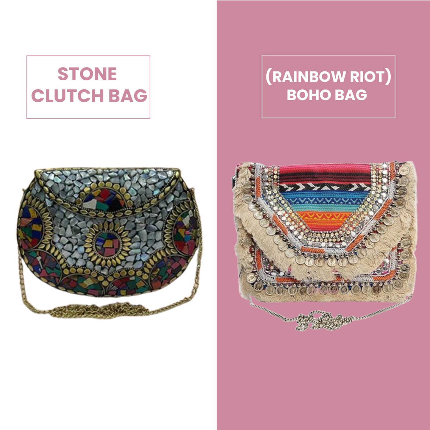 Combo 8- Ethnic Metal Multicolor Stone Clutch & Rainbow Riot Boho Bag