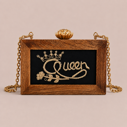 Handcrafted Women Queen Embroidery Wooden Clutch for Women