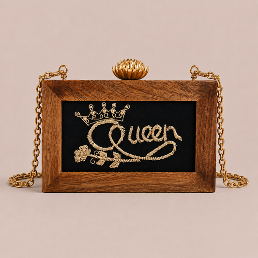 Handcrafted Women Queen Embroidery Wooden Clutch for Women
