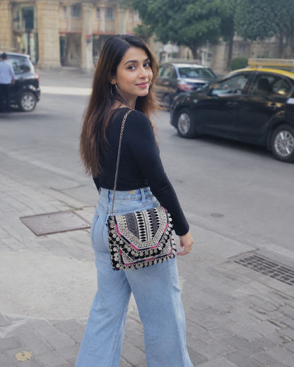 Women Ethnic Embellished Handmade Boho Bag (Midnight Black)
