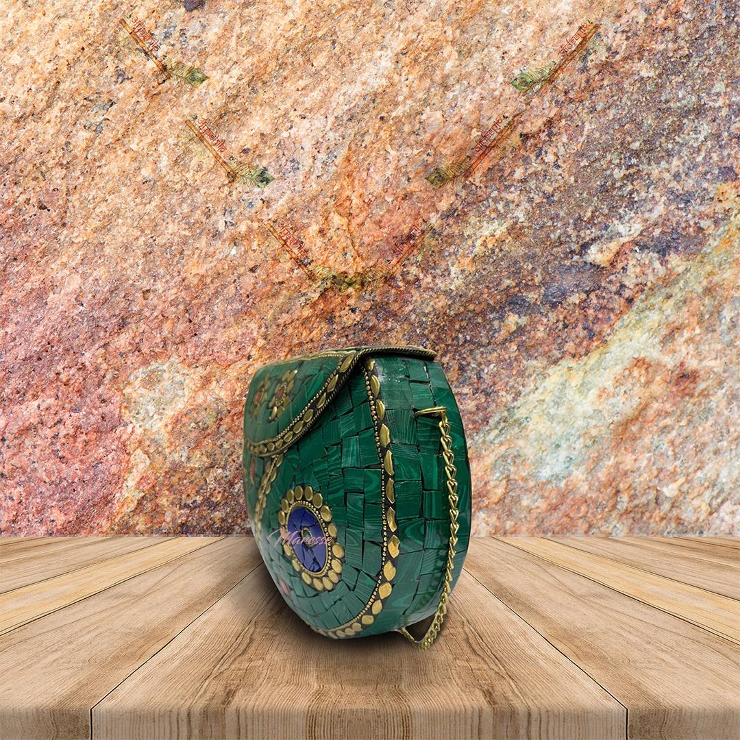 Ethnic Handmade Metal Green Stone Clutch Bag for Women