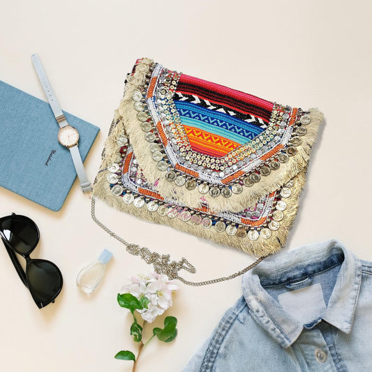 Women Ethnic Embellished Handmade Designer Boho Bag (Rainbow Riot)