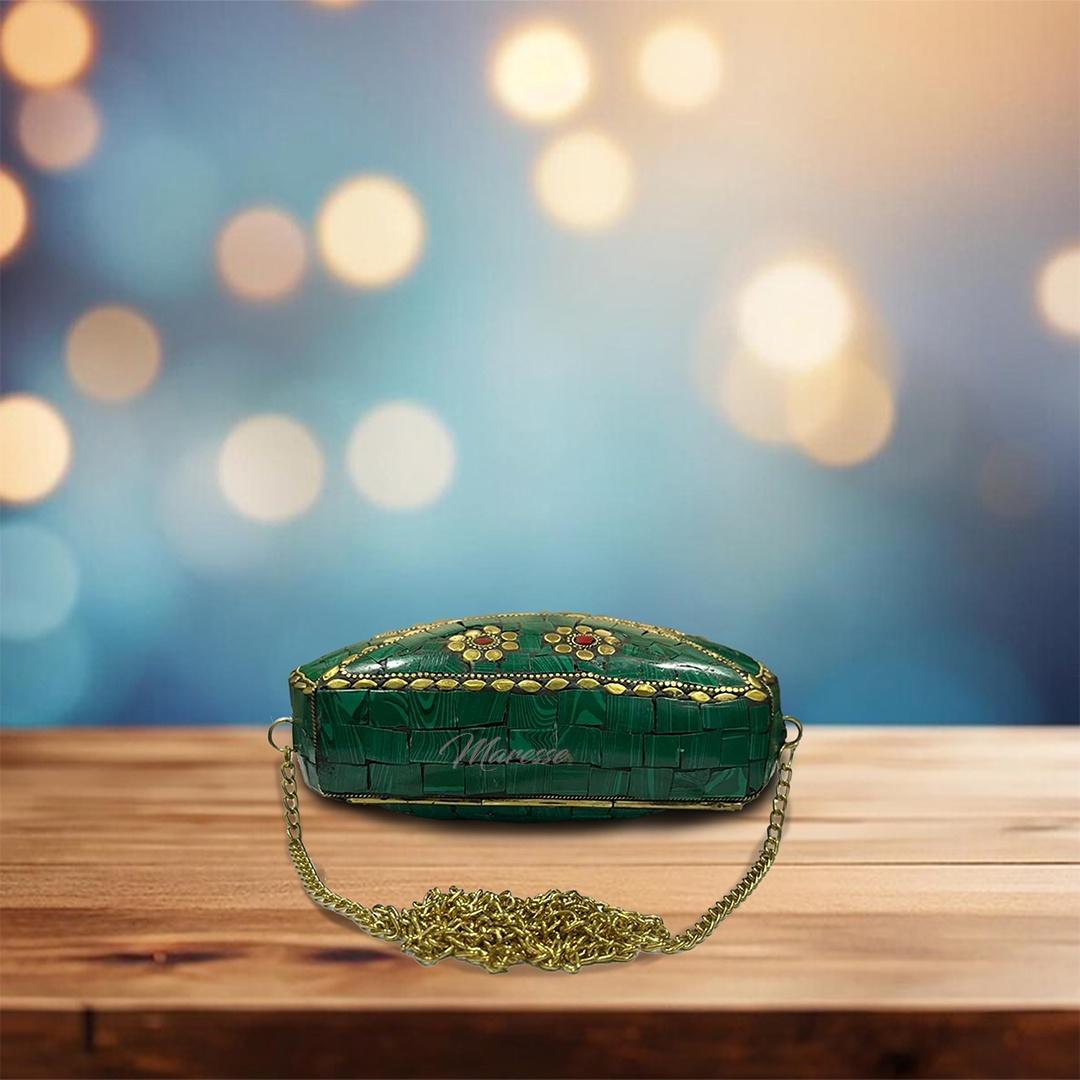 Ethnic Handmade Metal Green Stone Clutch Bag for Women