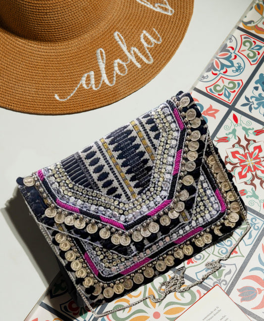 Women Ethnic Embellished Handmade Boho Bag (Midnight Black)